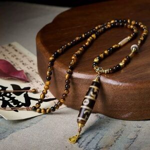 Tiger Eye Beaded Necklace with Dzi Pendant | Handmade Long Sweater Necklace